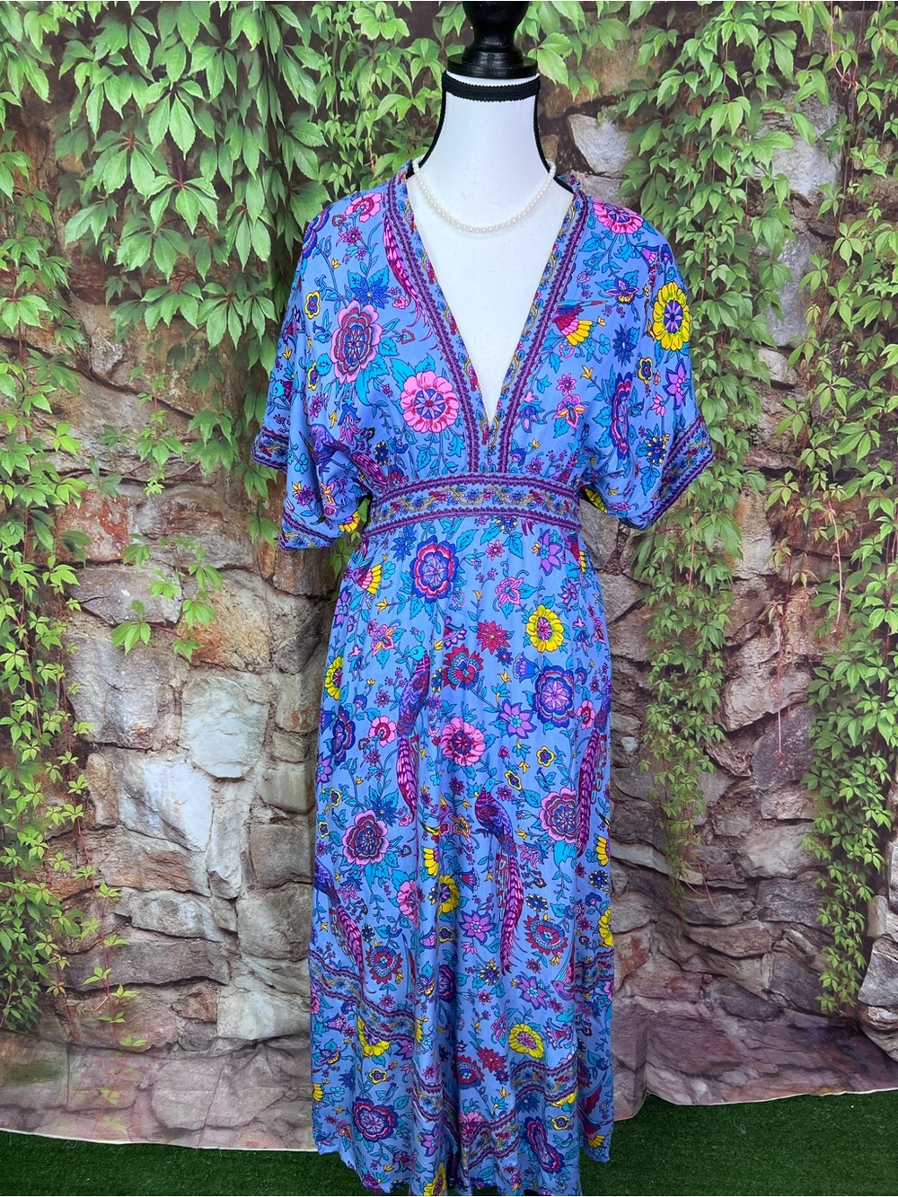 FABRIK Blue Bohemian Floral Tasseled Maxi Dress with Kimono Sleeves, S - Picture 2 of 13